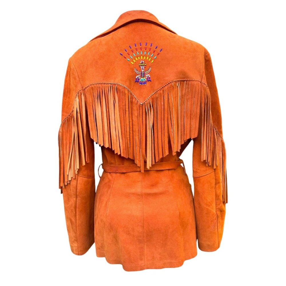Vintage Womens Fringe Embroidered Suede Jacket With Belt Artisan Designed - Picture 2 of 9